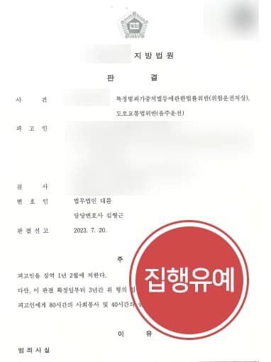 [음주운전사고처벌 집행유예로 마무리] 혈중알콜농도 0.15% 이상 특가법위반하였지만 엄벌 피함