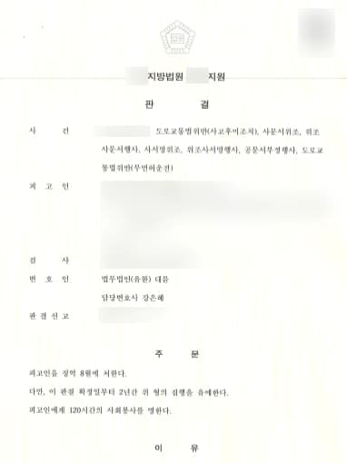 [사문서위조 사례 소개] 주운 운전면허증으로 차량 렌트 후 교통사고, 교통사고전문변호사 집행유예 받아내 