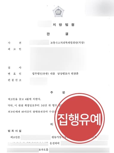 [교통사고처리특례법위반(치상) 혐의 집행유예] 교통사고변호사 법률상담 진행해 피고인 실형 면한 사례